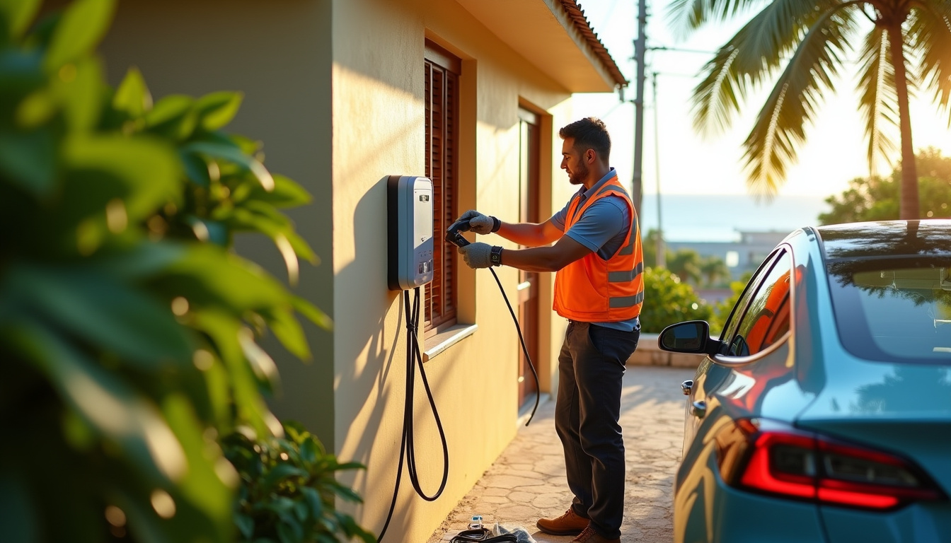 Électricien en train d’installer une borne de recharge électrique dans une résidence à Le François, Martinique