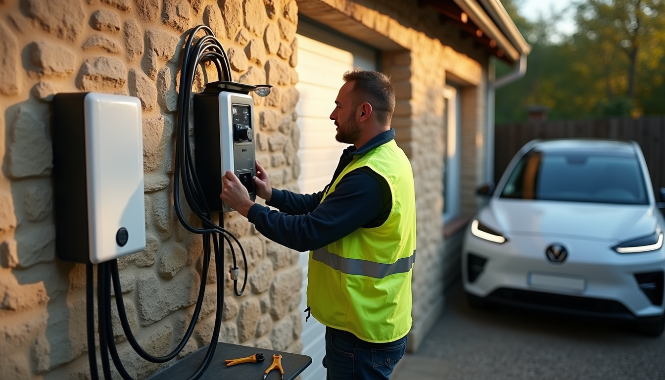 Électricien en train d'installer une borne de recharge électrique devant un garage à Davézieux