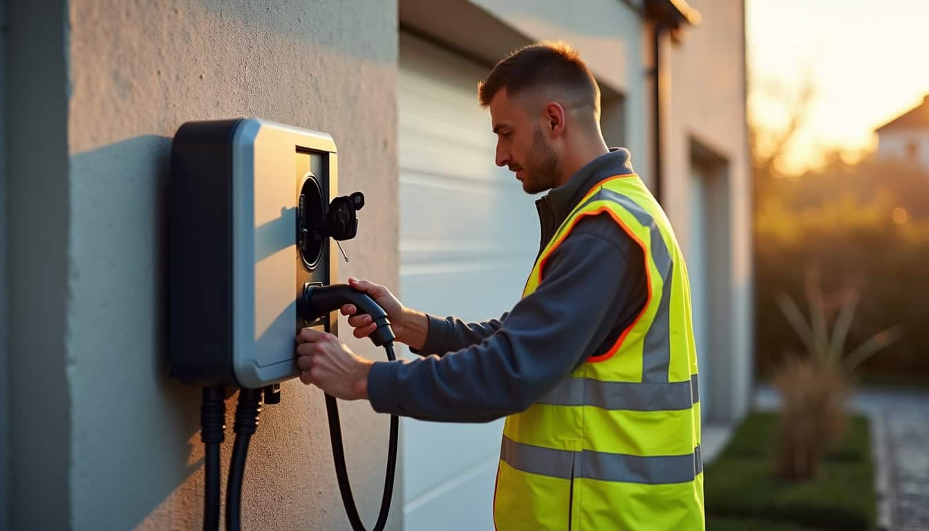 Électricien en train d'installer une borne de recharge électrique devant un garage à Saint-Clément