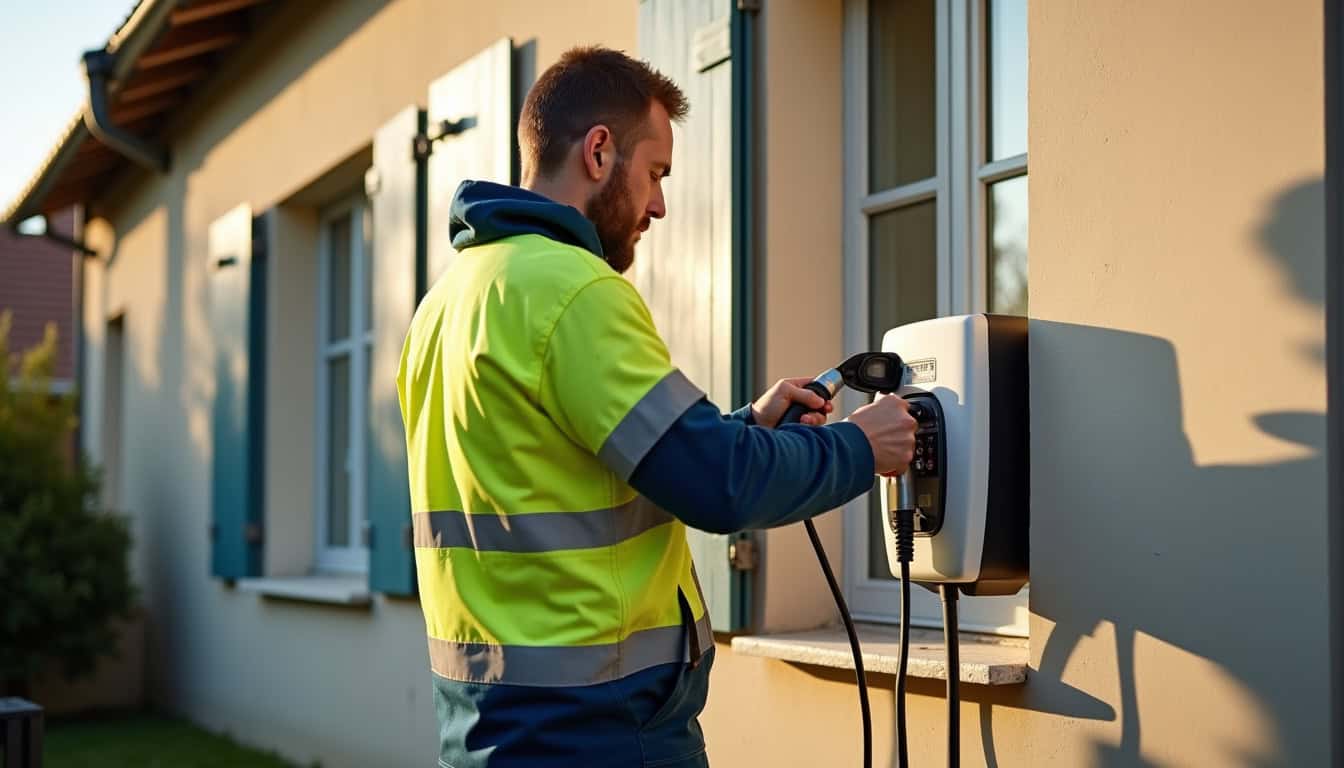 Électricien en train d'installer une borne de recharge électrique devant une maison à Nogent-le-Phaye