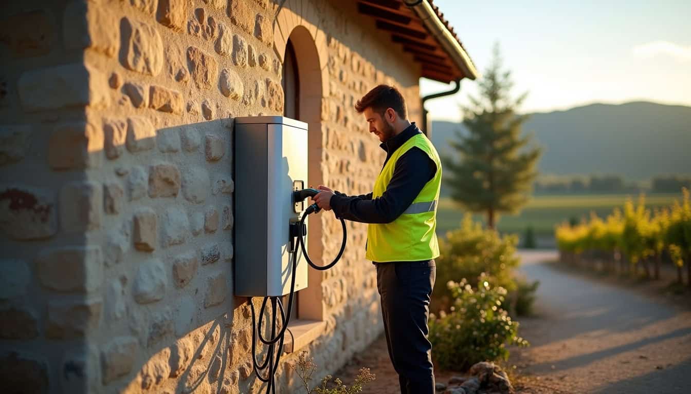 Électricien en train d’installer une borne de recharge électrique devant une maison à Sillans