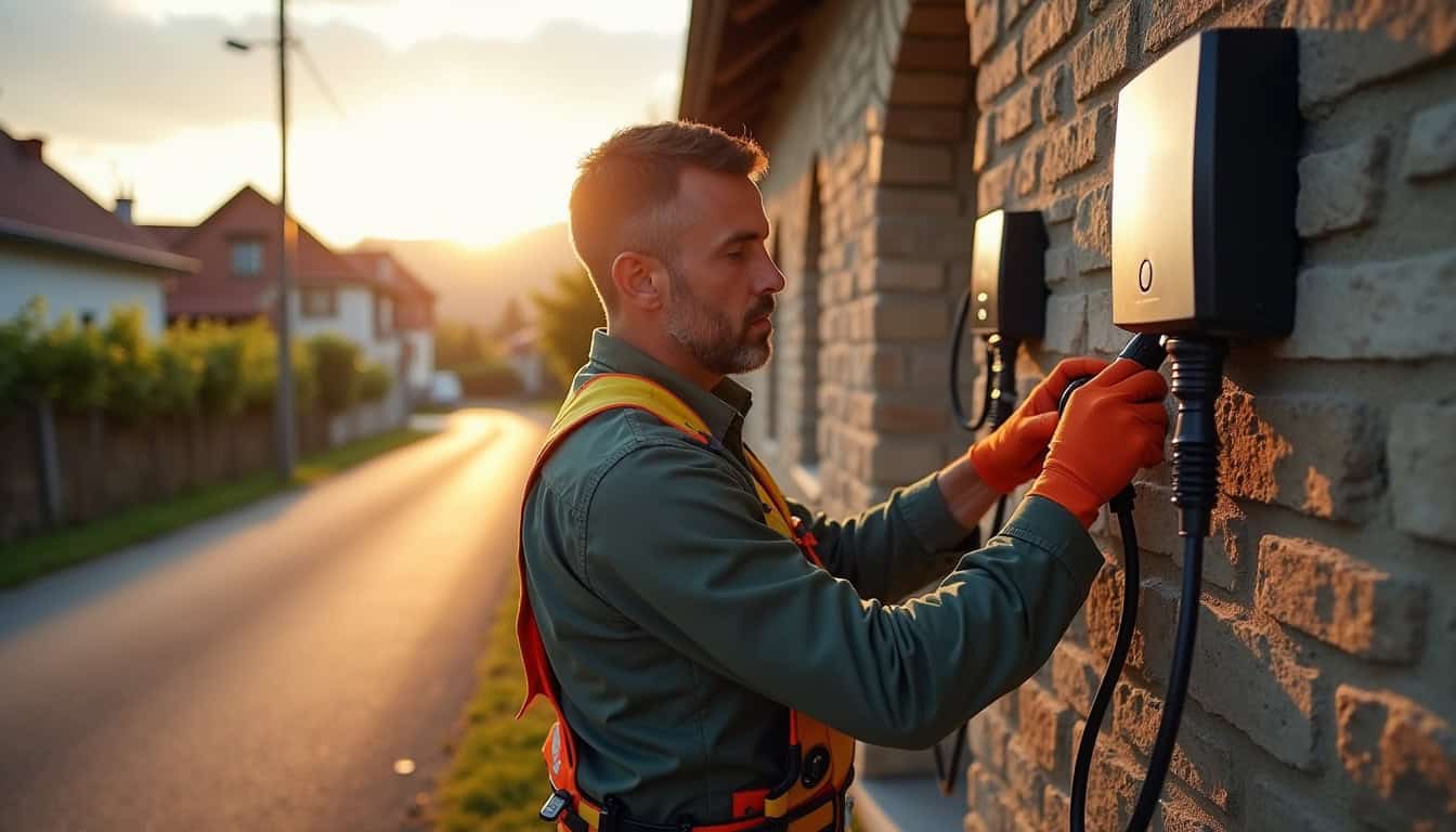 Électricien en train d'installer une borne de recharge électrique près d'Ingersheim