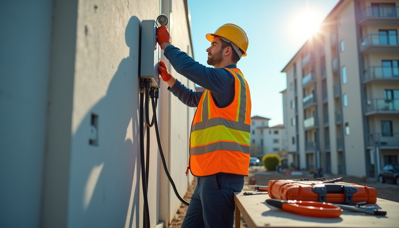 Électricien en train d'installer une borne de recharge électrique sur un chantier à proximité de Villeneuve-la-Guyard