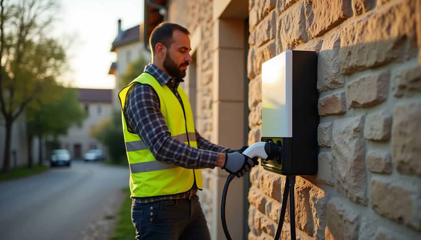 Électricien en train d’installer une borne de recharge électrique sur un mur extérieur à Fressines
