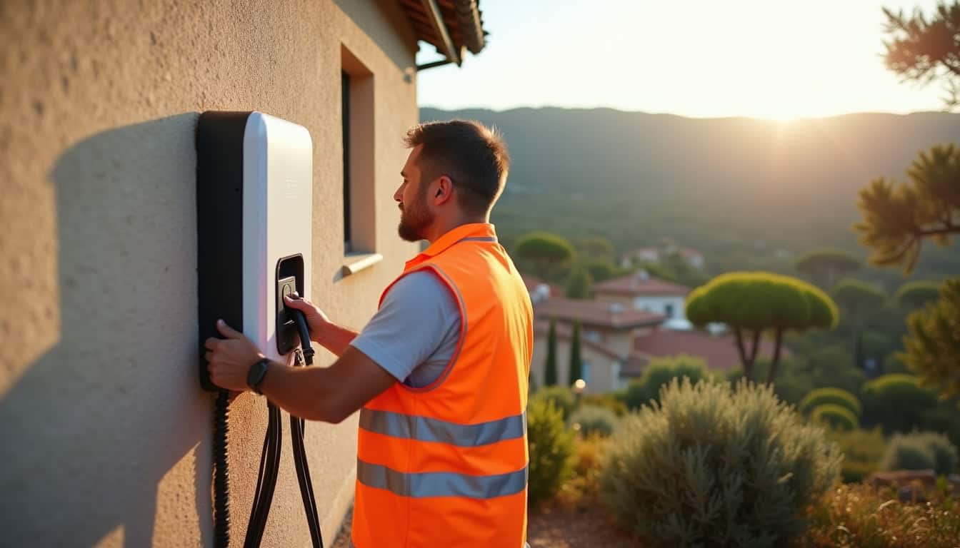 Électricien en train d'installer une borne de recharge électrique sur un mur extérieur à Le Luc