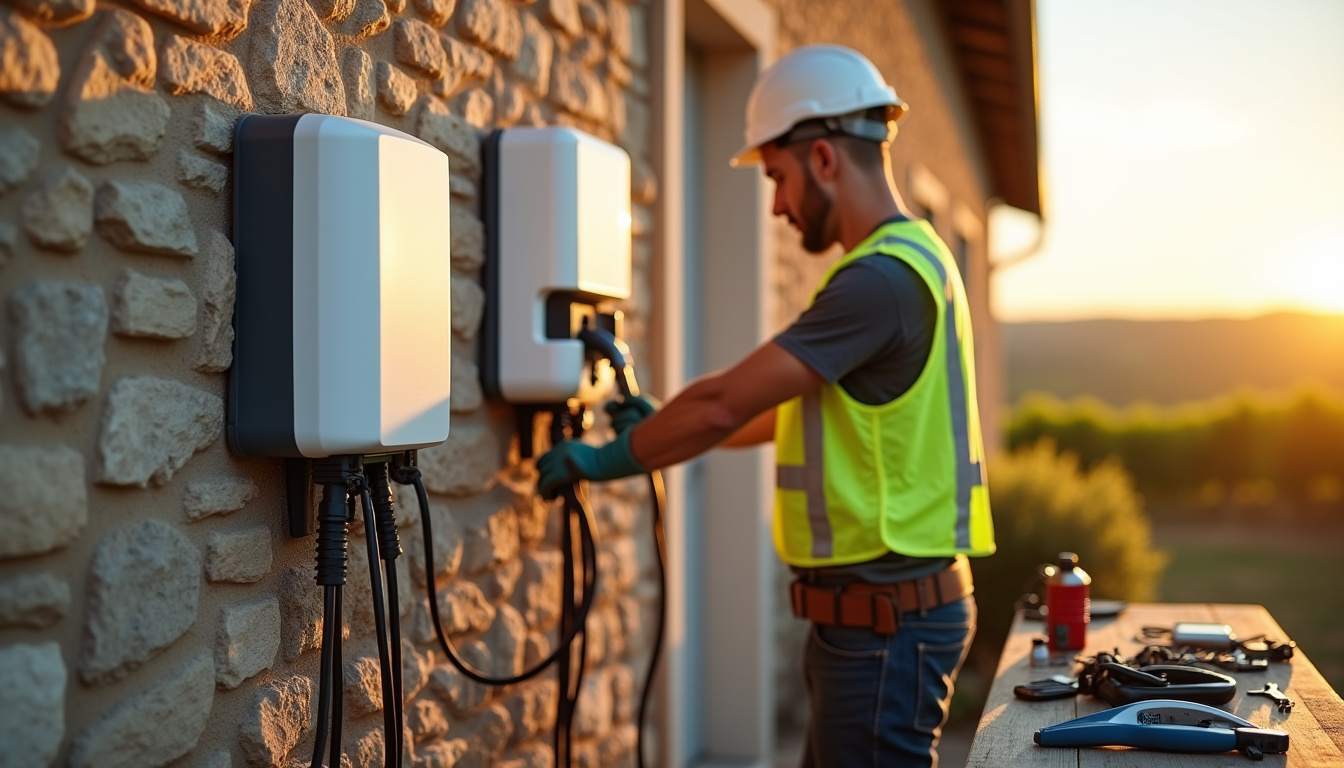 Électricien en train d'installer une borne de recharge électrique sur un mur extérieur à Podensac
