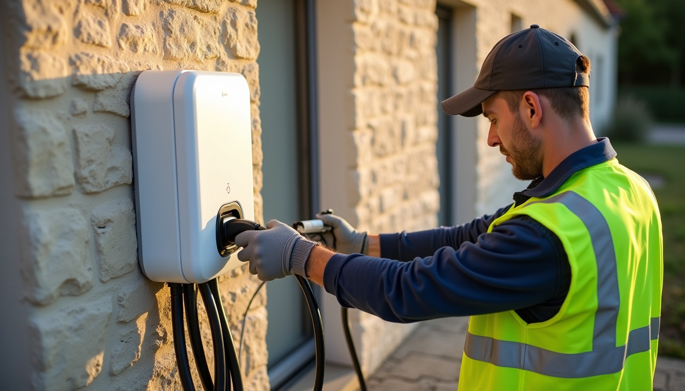 Électricien en train d'installer une borne de recharge électrique sur un mur extérieur à Val-d'Oire-et-Gartempe