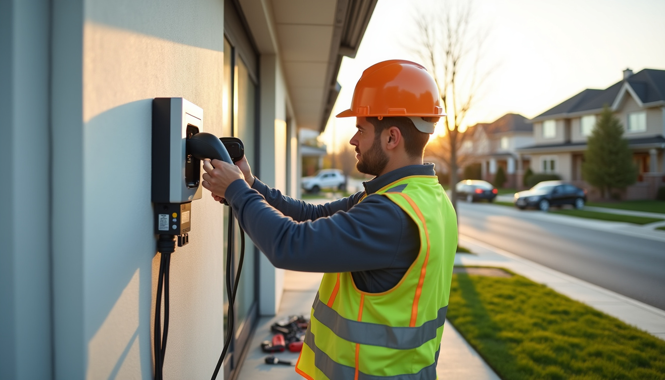 Électricien en train d'installer une borne de recharge électrique sur un mur extérieur de maison