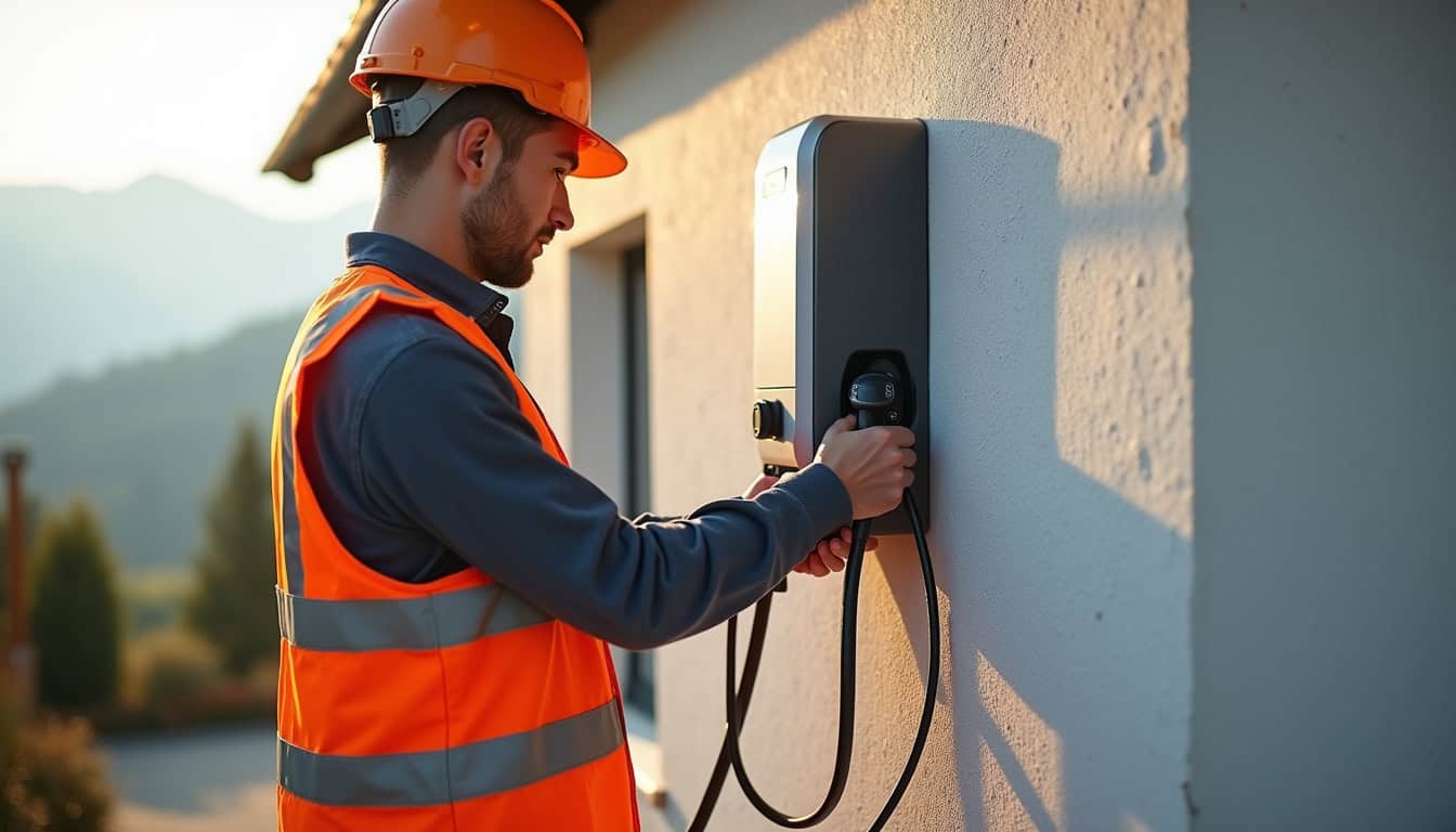 Électricien en train d’installer une borne de recharge électrique sur un mur extérieur d’une maison à Clairvaux-les-lacs