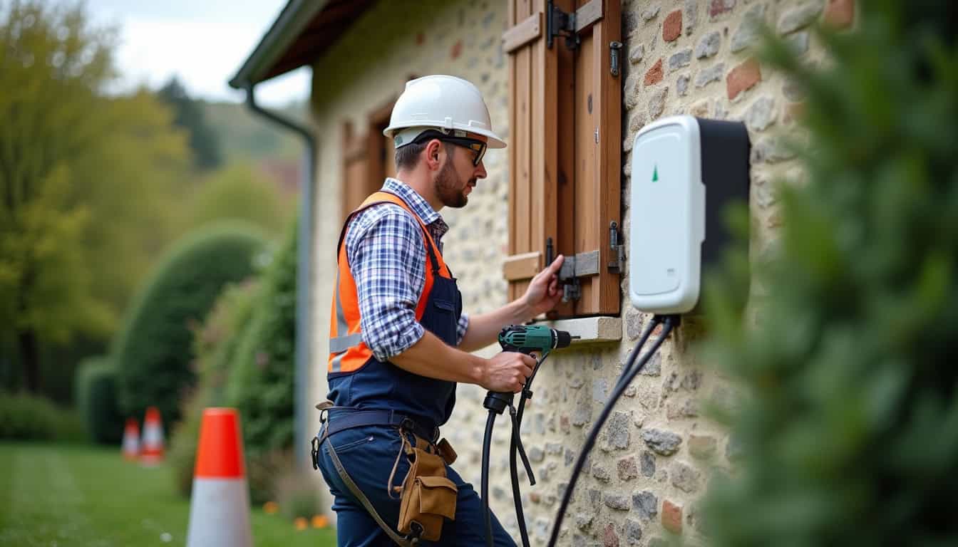 Électricien en train d'installer une borne de recharge électrique sur un mur extérieur d'une maison à Xonrupt-Longemer, avec outils et équipement de sécurité