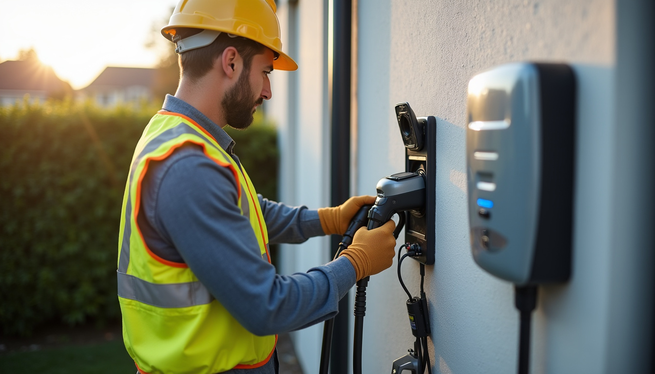 Électricien en train d'installer une borne de recharge électrique sur un mur extérieur d'une maison