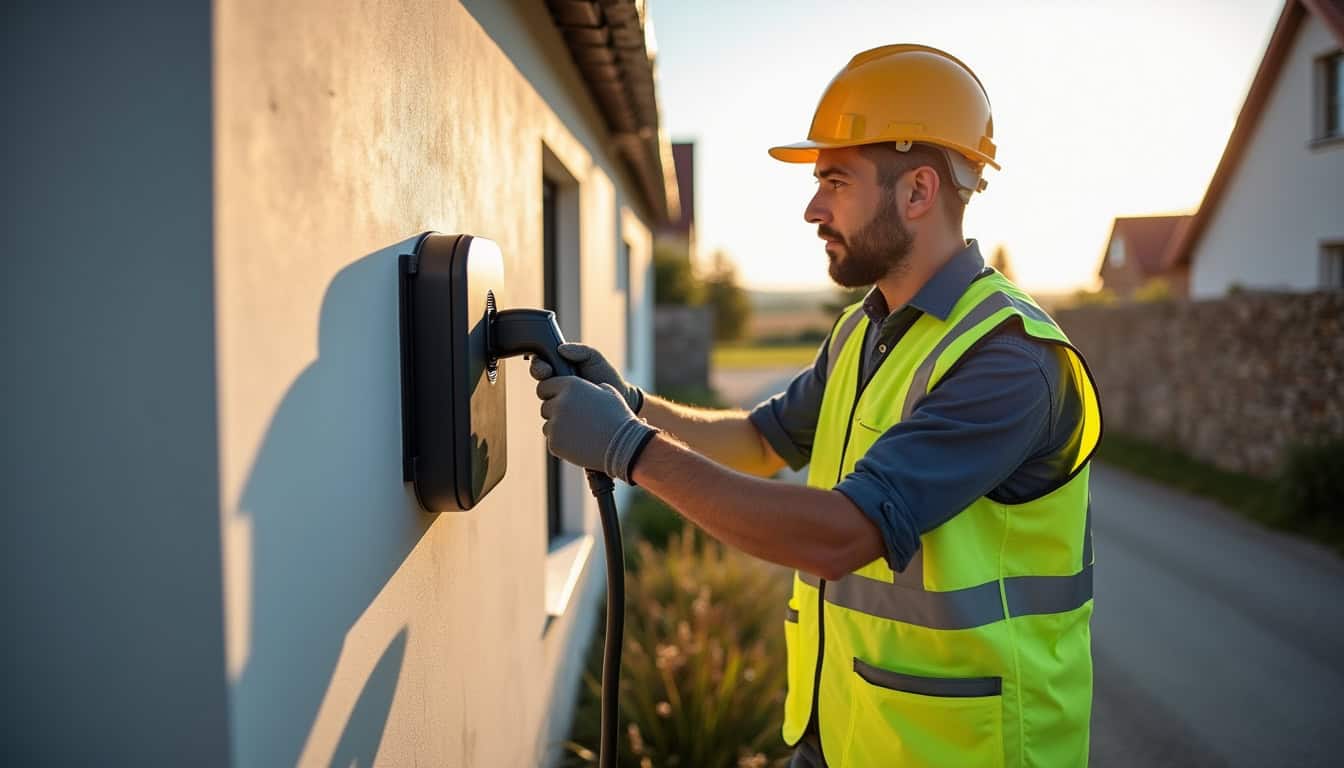 Électricien en train d'installer une borne de recharge électrique sur un mur extérieur