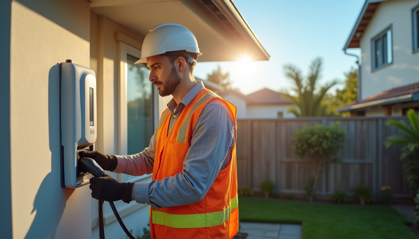 Électricien en train d'installer une borne de recharge électrique sur un mur extérieur
