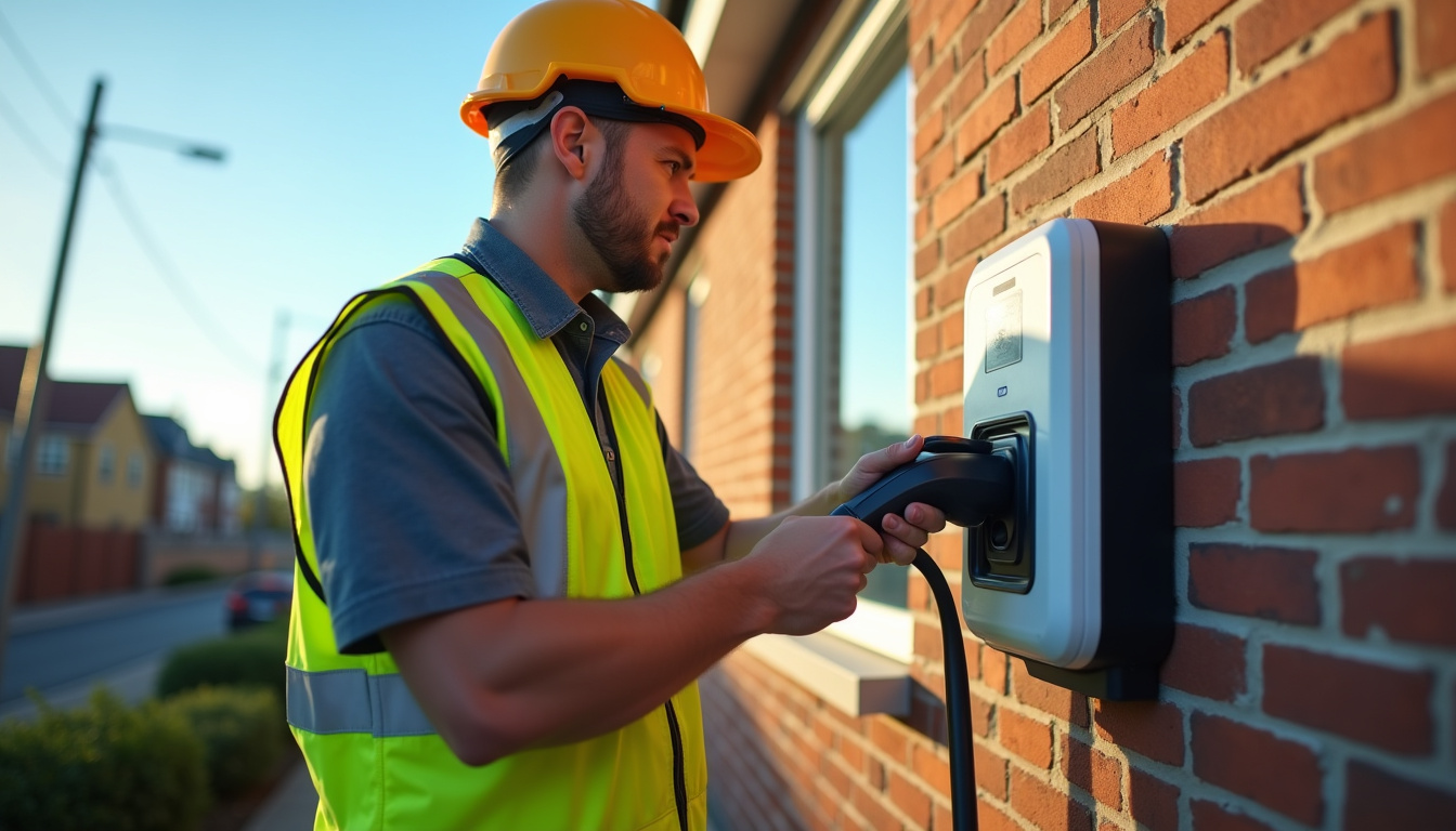 Électricien en train d'installer une borne de recharge électrique sur un mur extérieur