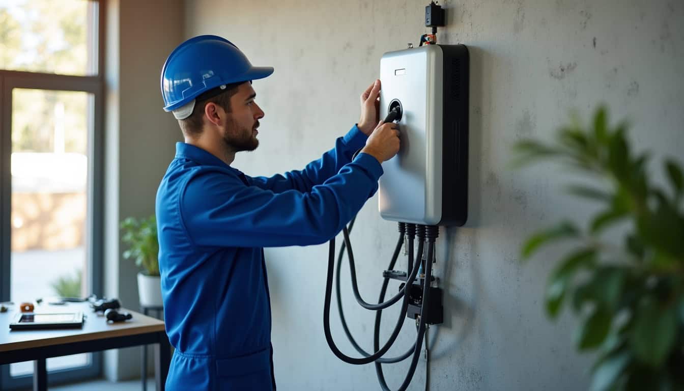 Électricien en train d'installer une borne de recharge électrique