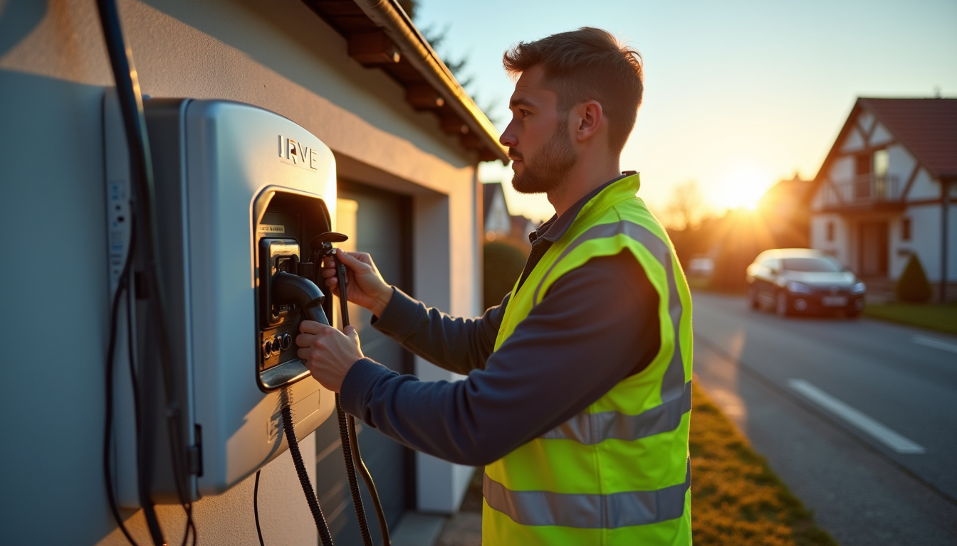Électricien en train d'installer une borne de recharge IRVE devant un garage à Bischoffsheim