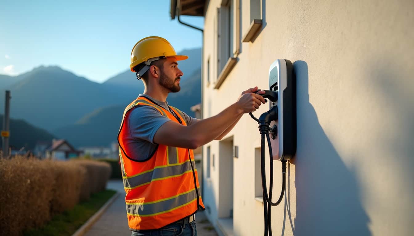 Électricien en train d'installer une borne de recharge IRVE sur un mur extérieur à Thonon-les-Bains
