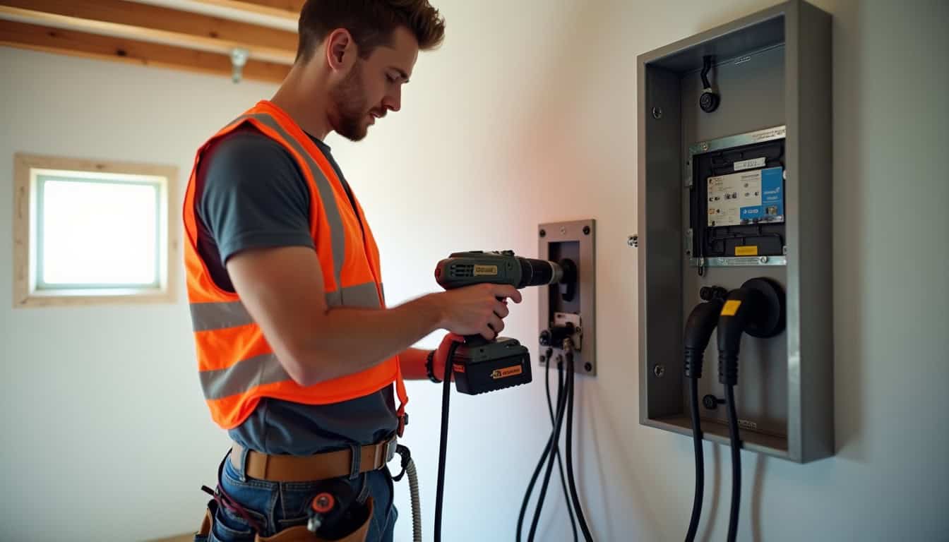Électricien en train d'installer une borne de recharge murale à Banyuls-sur-Mer avec outils et tableau électrique visible