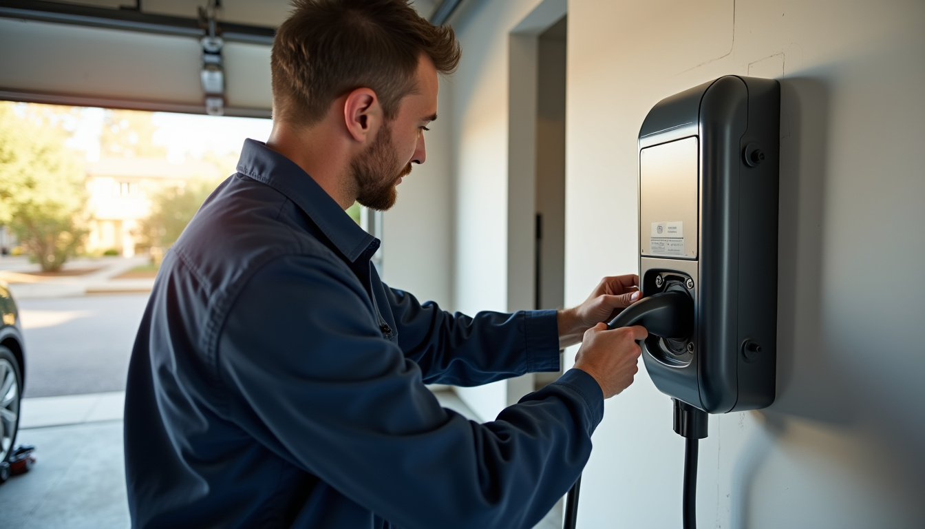 Électricien en train d’installer une borne de recharge murale à Buxy