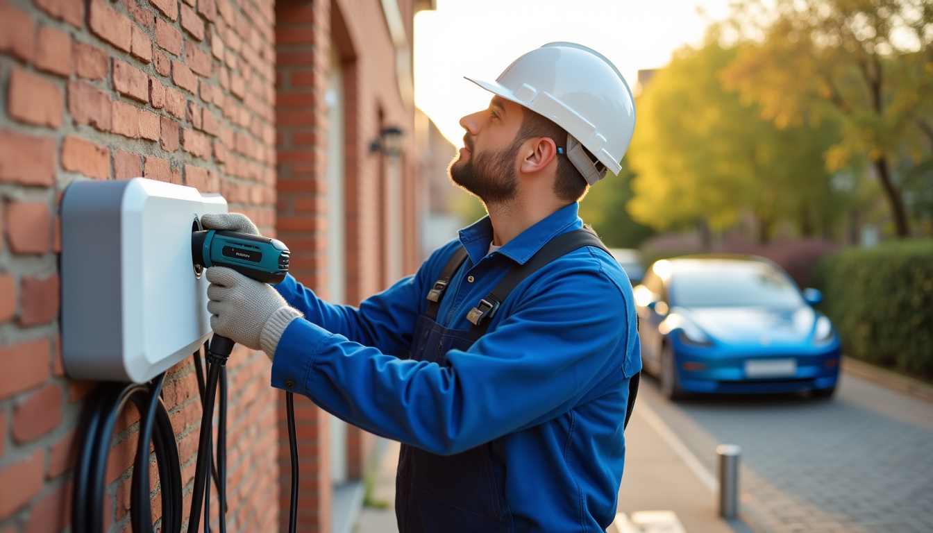 Électricien en train d'installer une borne de recharge murale à Châteauneuf