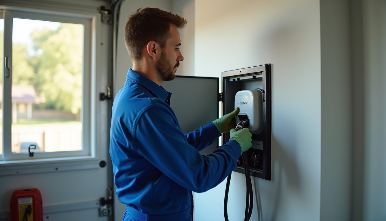 Électricien en train d'installer une borne de recharge murale à domicile, avec tableau électrique ouvert et câbles en cours de raccordement