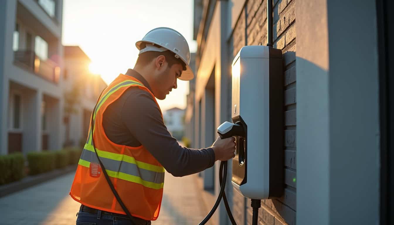 Électricien en train d'installer une borne de recharge murale à Kanfen