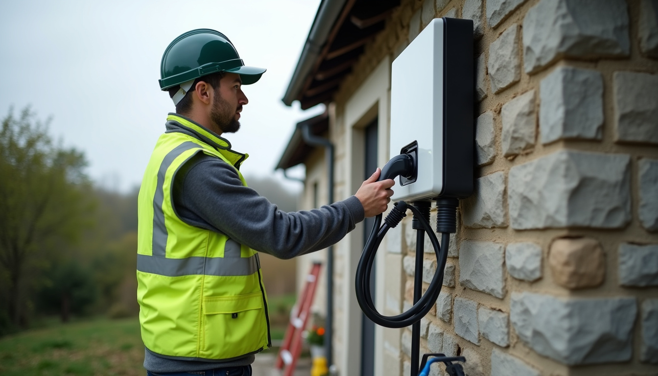 Électricien en train d’installer une borne de recharge murale à l’extérieur d’une maison