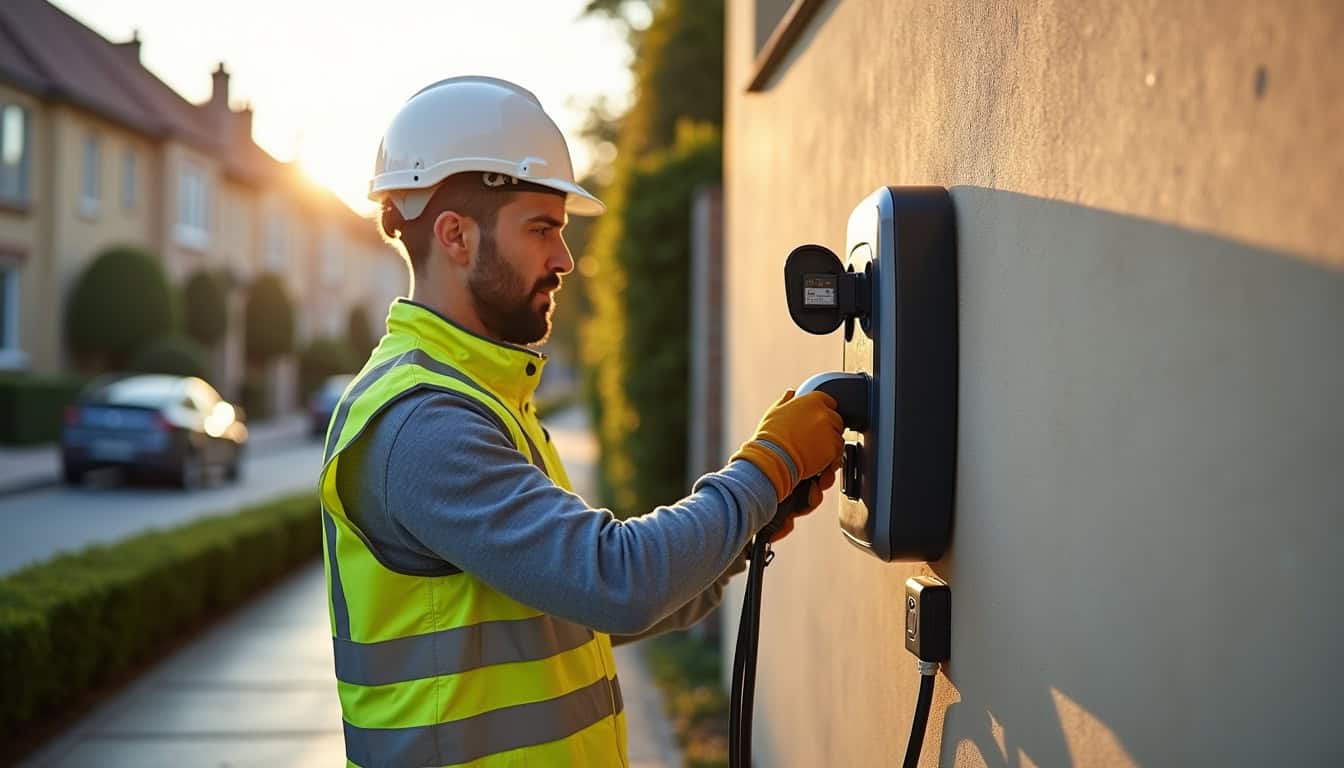 Électricien en train d’installer une borne de recharge murale à Merpins, avec matériel de protection