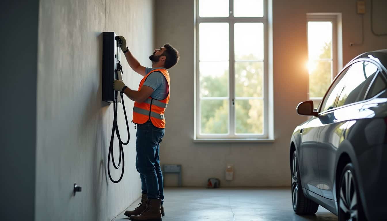 Électricien en train d'installer une borne de recharge murale à Mésanger