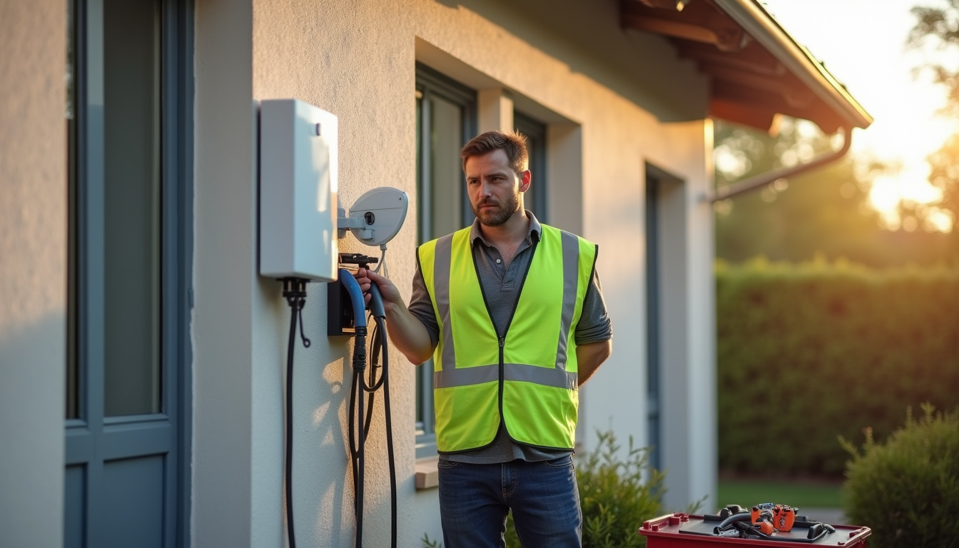 Électricien en train d'installer une borne de recharge murale à Roquefort