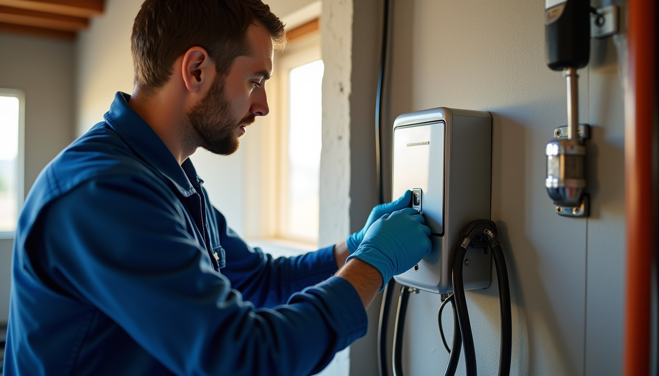 Électricien en train d'installer une borne de recharge murale à Saint-Just-de-Claix