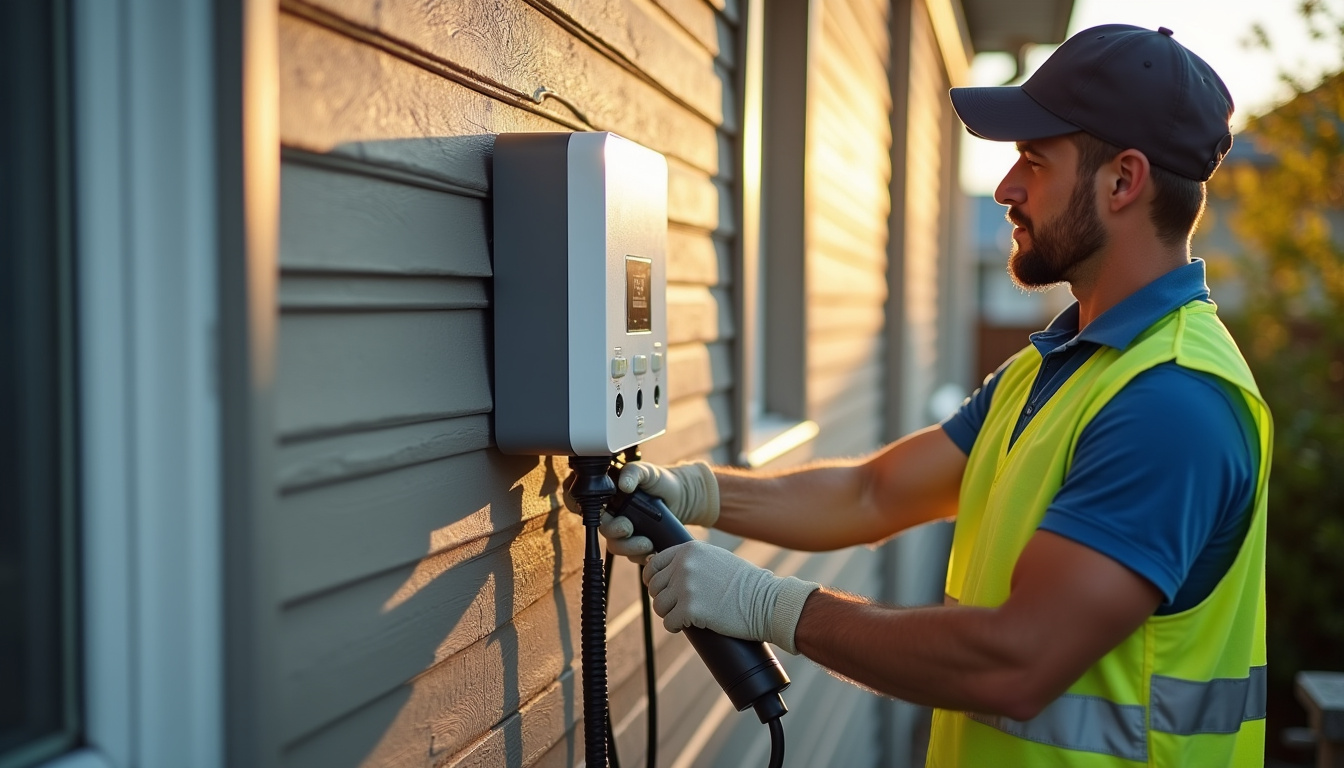Électricien en train d'installer une borne de recharge murale à Saint-Victor