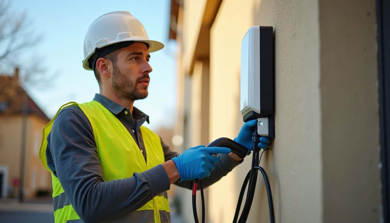 Électricien en train d’installer une borne de recharge murale à Saïx