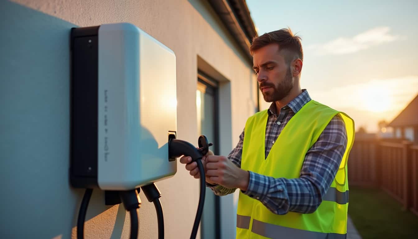 Électricien en train d'installer une borne de recharge murale à Zimmersheim