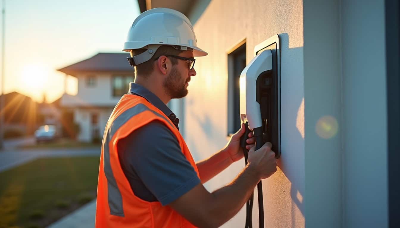 Électricien en train d’installer une borne de recharge murale, avec équipement de sécurité, sur un mur extérieur à Cranves-Sales