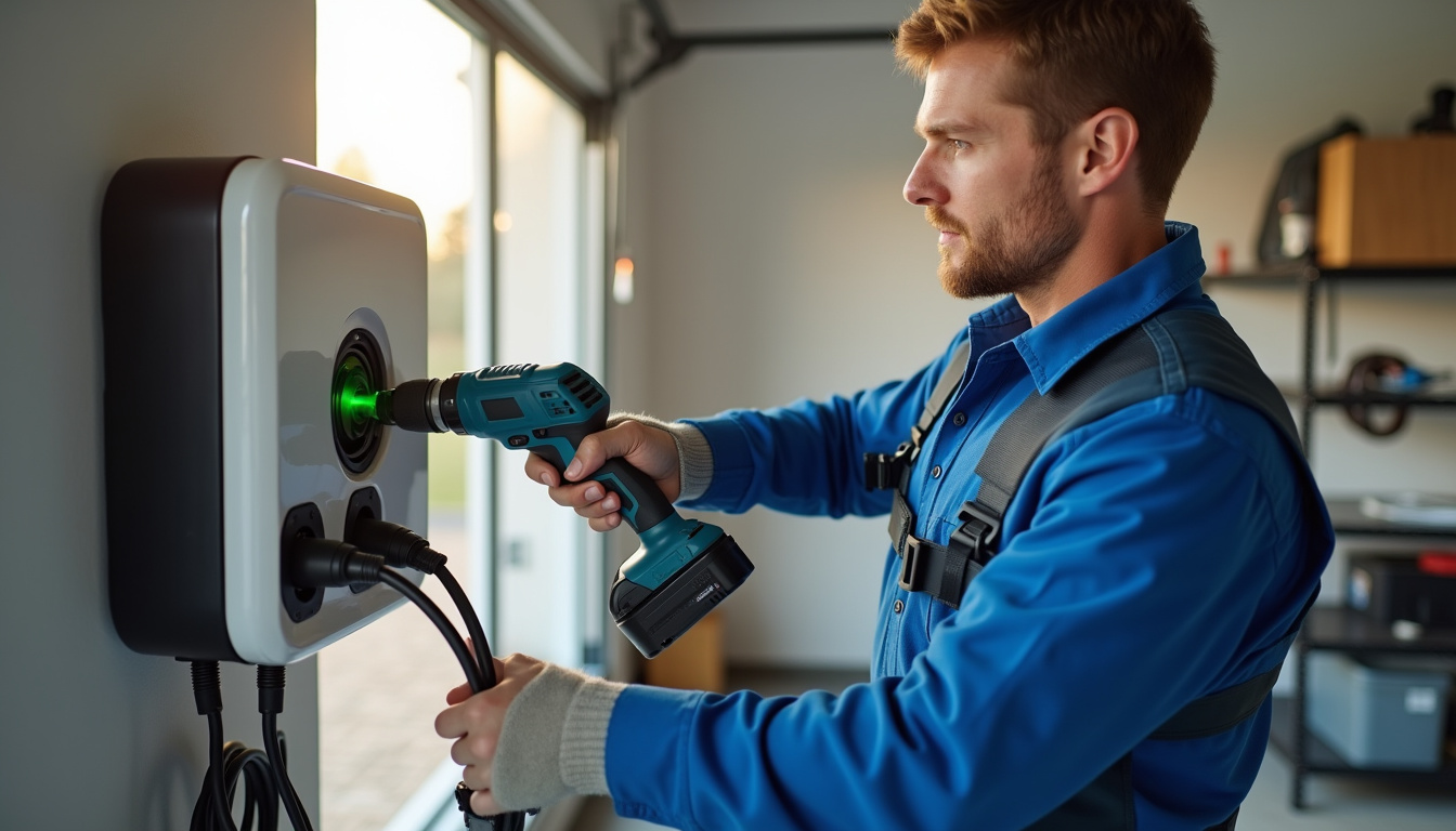 Électricien en train d'installer une borne de recharge murale dans un garage à Acigné