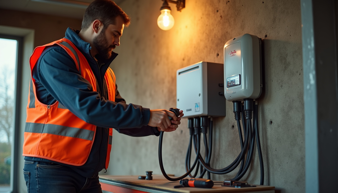 Électricien en train d'installer une borne de recharge murale dans un garage à Boutiers-Saint-Trojan