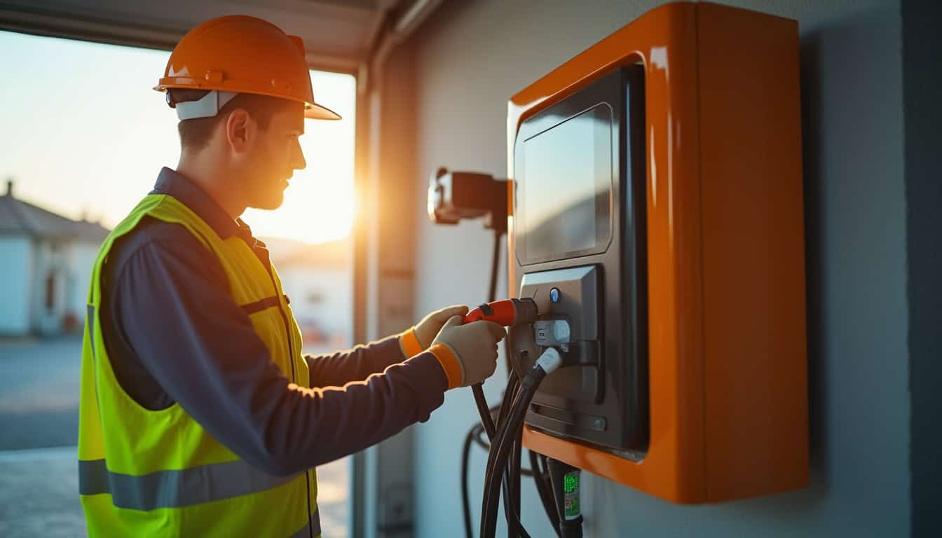Électricien en train d'installer une borne de recharge murale dans un garage à Brem-sur-mer, portant des équipements de sécurité
