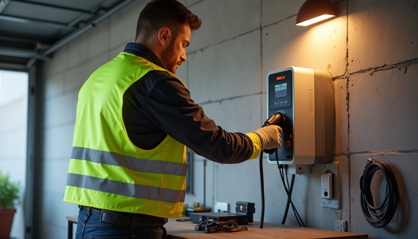 Électricien en train d'installer une borne de recharge murale dans un garage à Craintilleux