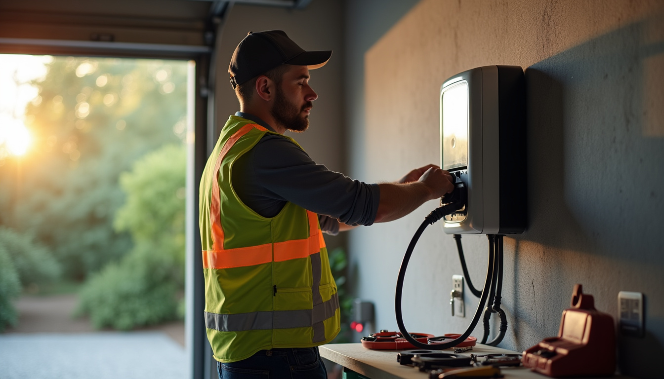 Électricien en train d'installer une borne de recharge murale dans un garage à Lons-le-Saunier