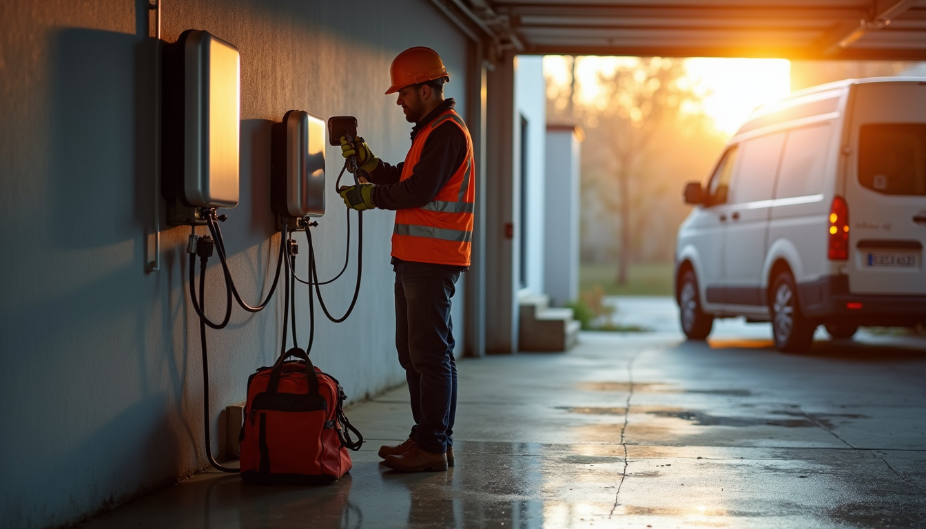 Électricien en train d’installer une borne de recharge murale dans un garage à Volgelsheim
