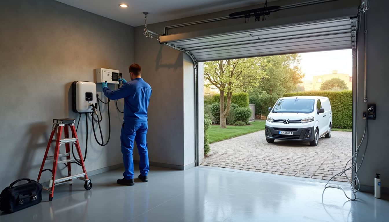 Électricien en train d'installer une borne de recharge murale dans un garage privé à Hardricourt