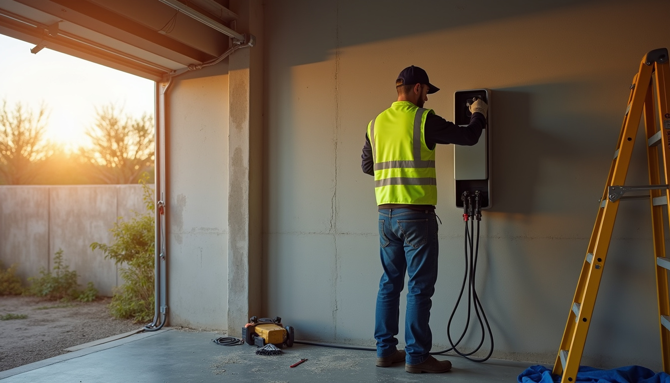 Électricien en train d'installer une borne de recharge murale dans un garage privé à Le Soler
