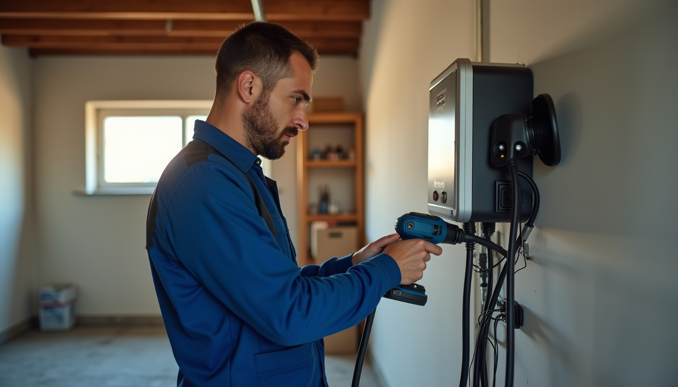Électricien en train d’installer une borne de recharge murale dans un garage privé à Mauléon-Licharre