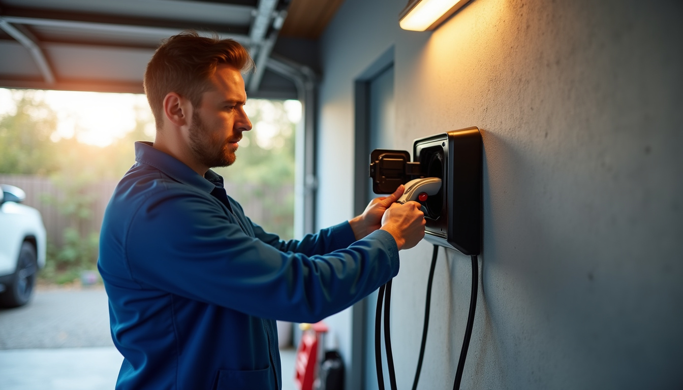 Électricien en train d'installer une borne de recharge murale dans un garage privé