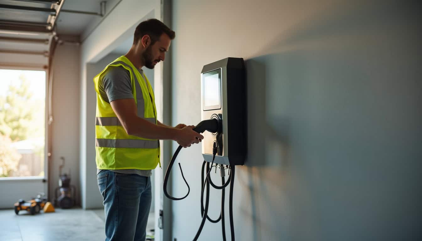 Électricien en train d'installer une borne de recharge murale dans un garage