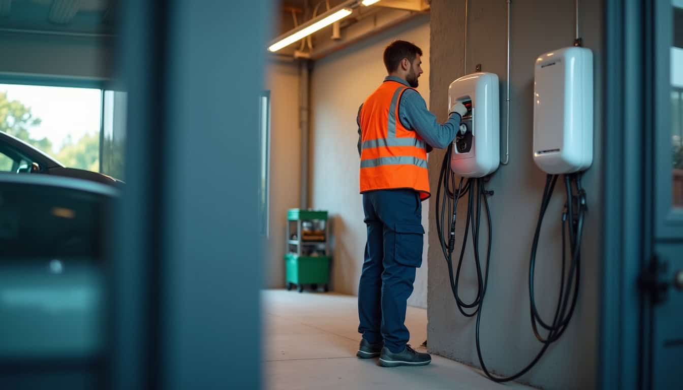 Électricien en train d'installer une borne de recharge murale dans un garage