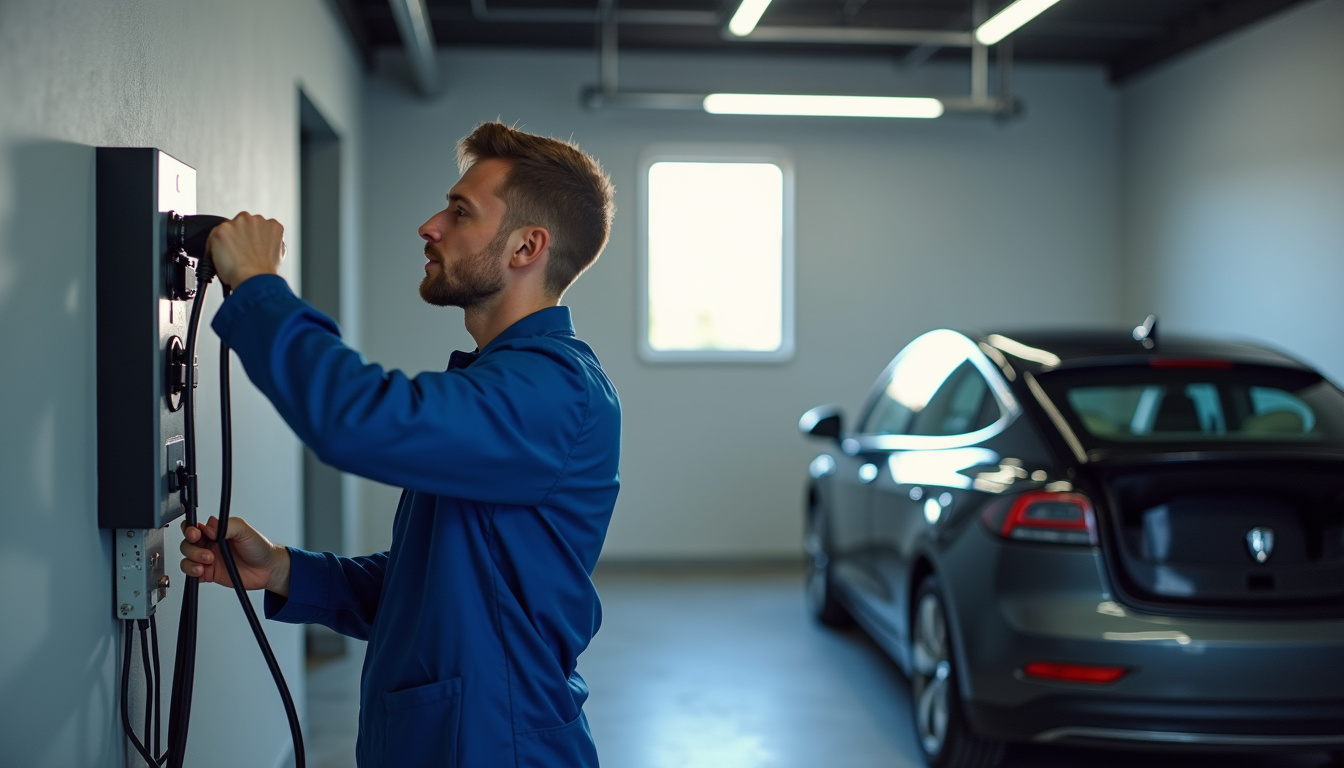 Électricien en train d'installer une borne de recharge murale dans un garage
