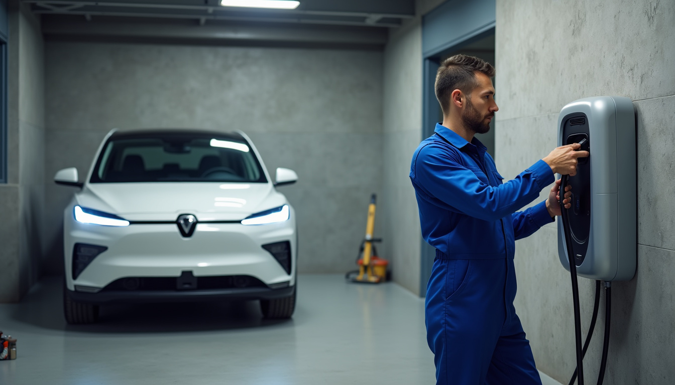 Électricien en train d'installer une borne de recharge murale dans un garage