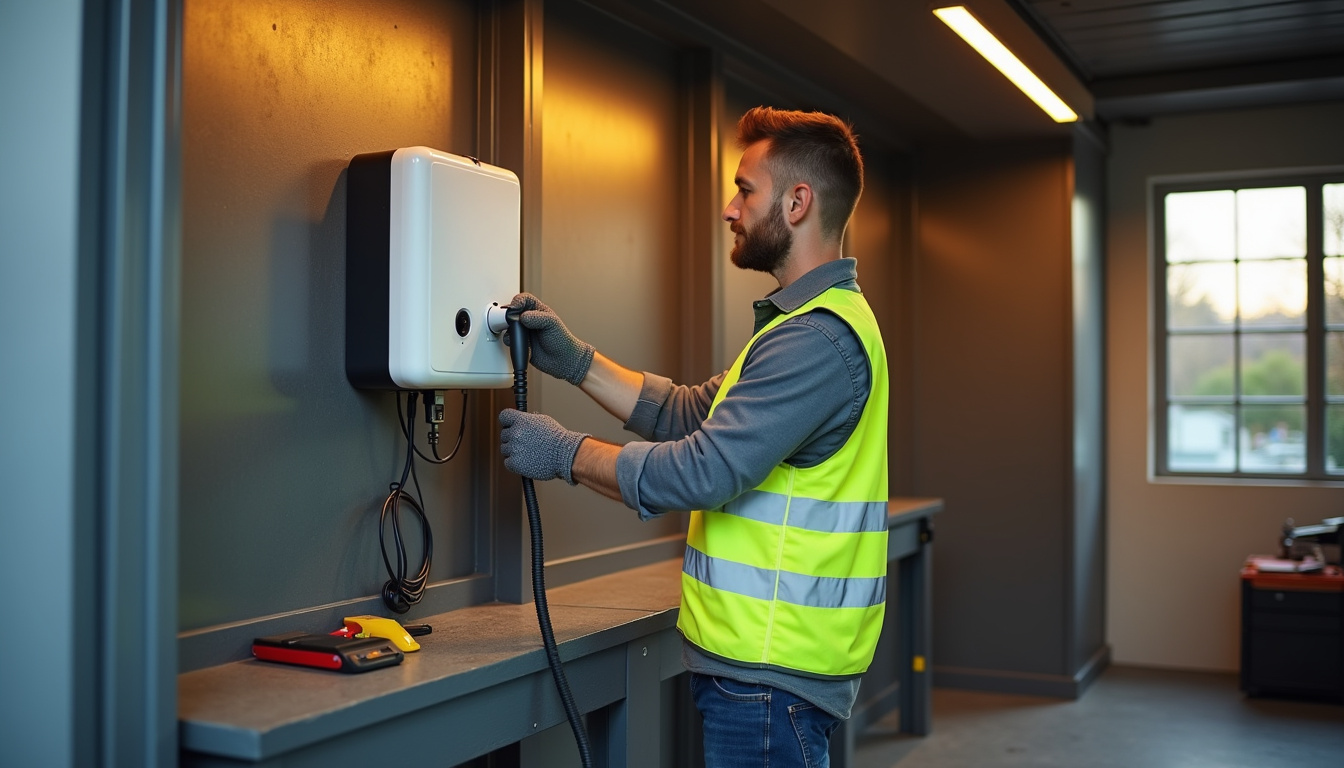 Électricien en train d'installer une borne de recharge murale dans un garage